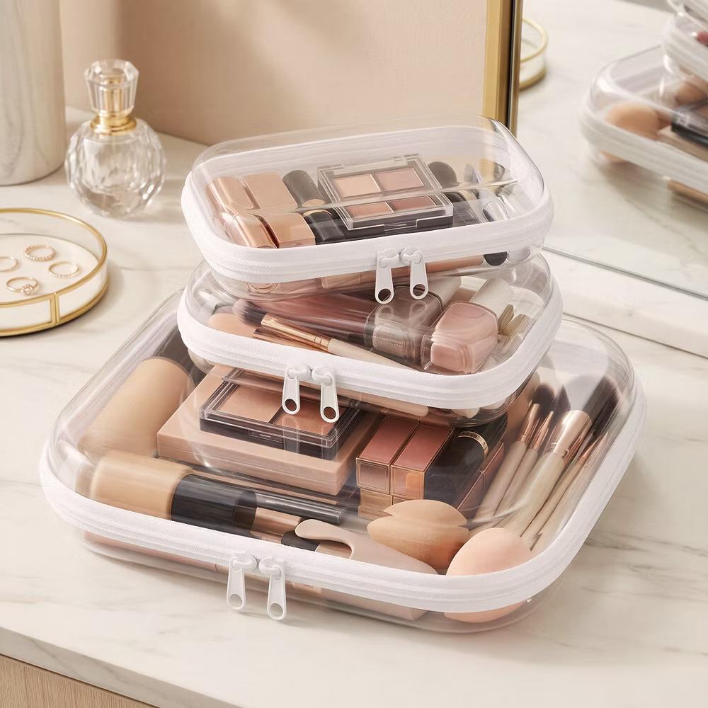 Transparent Hard Shell Zipper Case, Clear Travel Storage Organizer for Toiletries, Makeup, and Cosmetics (Set of 3) - Image 7