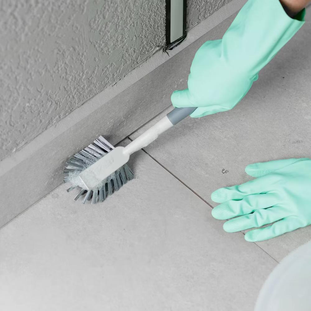 OU Multipurpose Scrub Brush, Heavy Duty Cleaning Scrubber Brush for Bathroom & Kitchen, Nonslip Soft Grip Handle & Built-In Scraper - Image 3