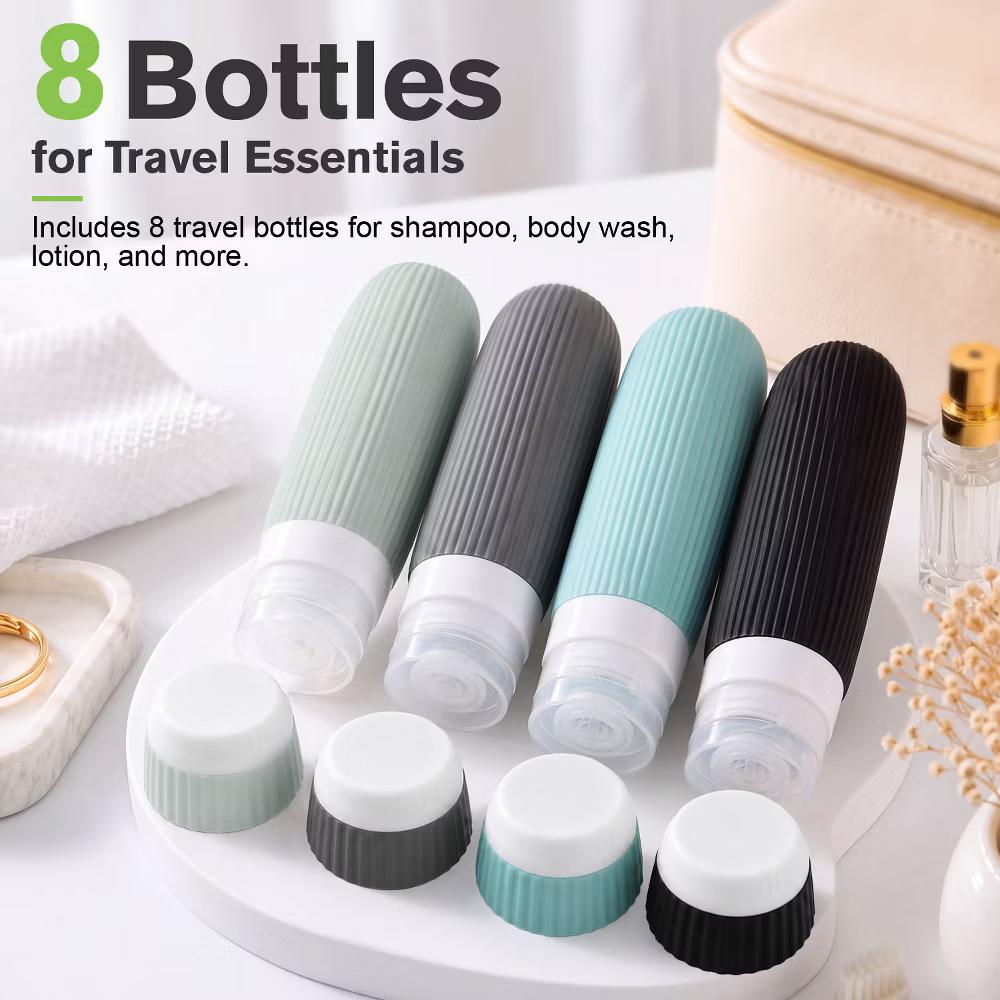 Garnen 8PC Travel Bottles for Toiletries with TSA Travel Size Toiletry Bag, Silicone Travel Containers Refillable Liquid Shampoo & Conditioners Bottle