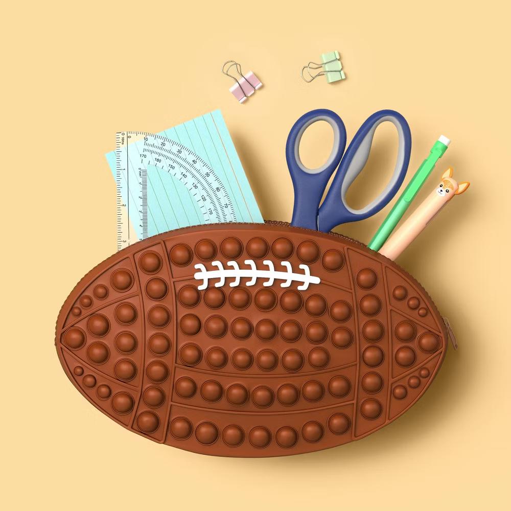 Single Zip Football Silicone Bubble Pop Penicl Pouch Brown