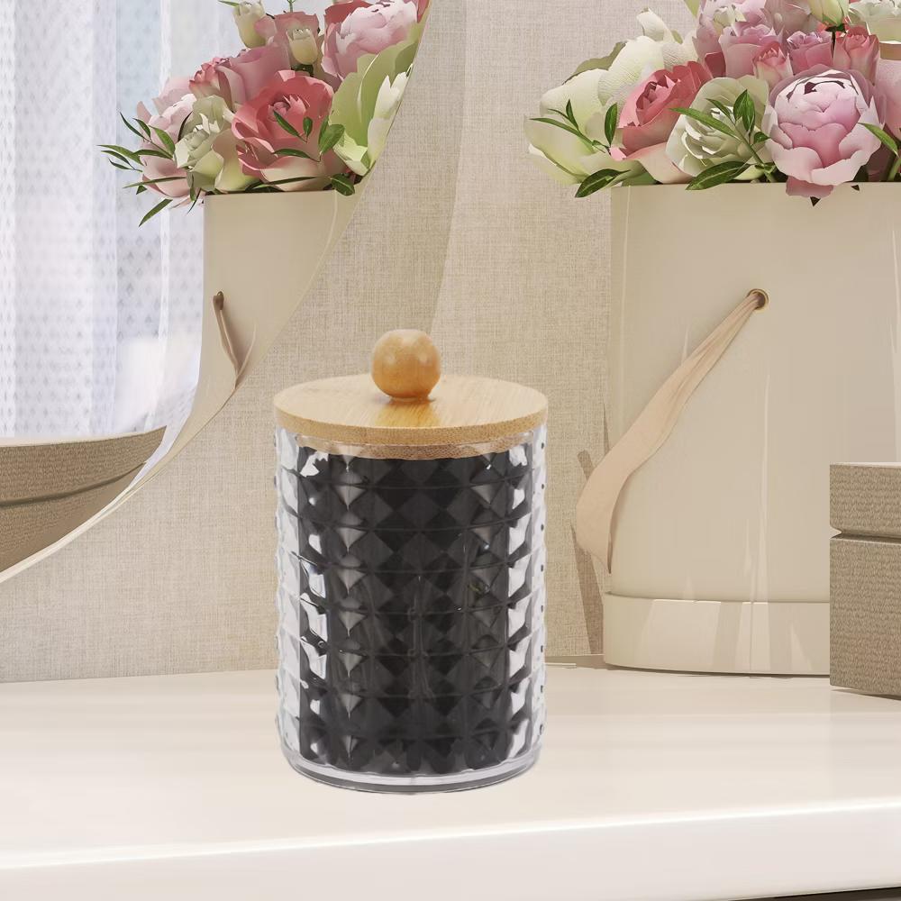 Square Diamond Pattern Acrylic Bamboo Wood Cotton Swab Jar Clear Wood Color 1 Pc - Image 6