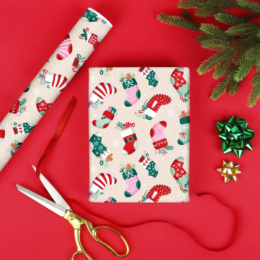 Christmas Stockings Wrapping Paper, Personalized Winter Holiday Party Gift Wrap, Christmas Socks Gift Paper, 24 in 7 ft, 1 Roll - Image 6