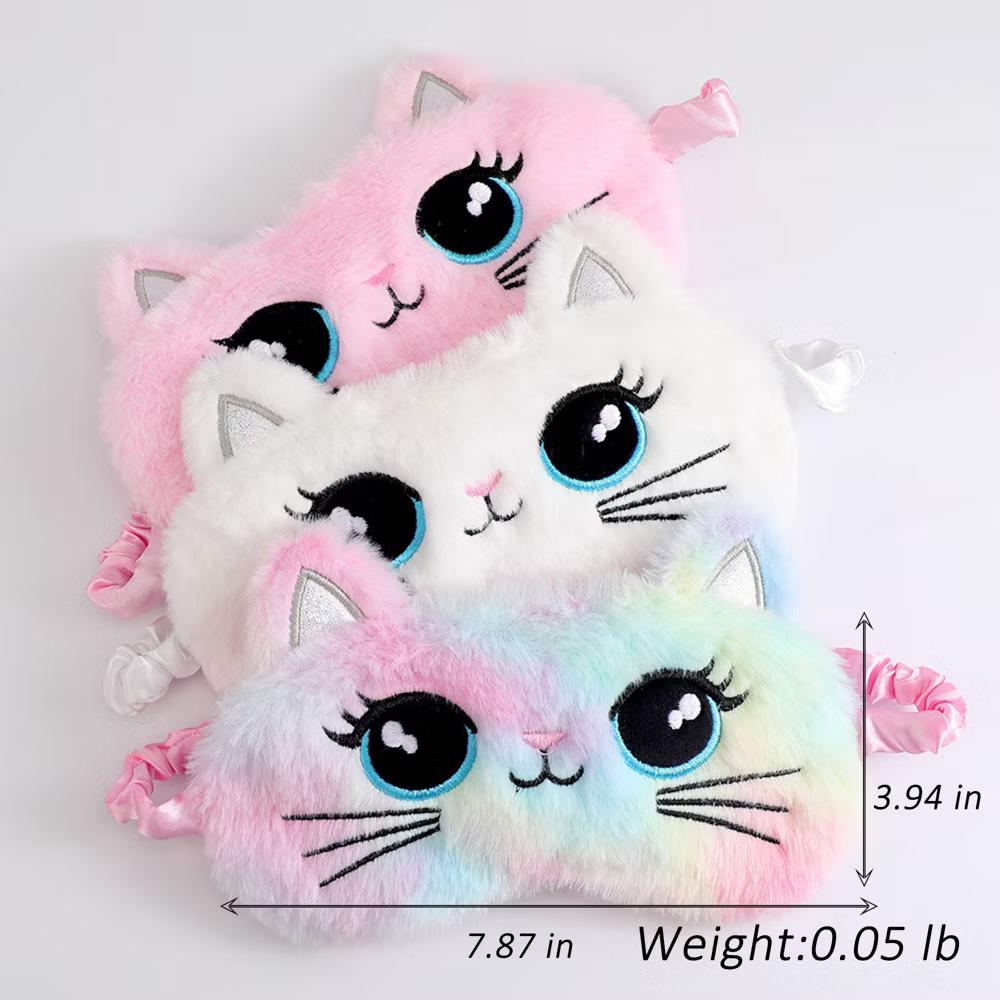 Plush Cat Face Sleep Mask Soft Faux Fur Eye Cover with Embroidered Design Elastic Satin Strap for Comfortable Light Blocking - Image 5