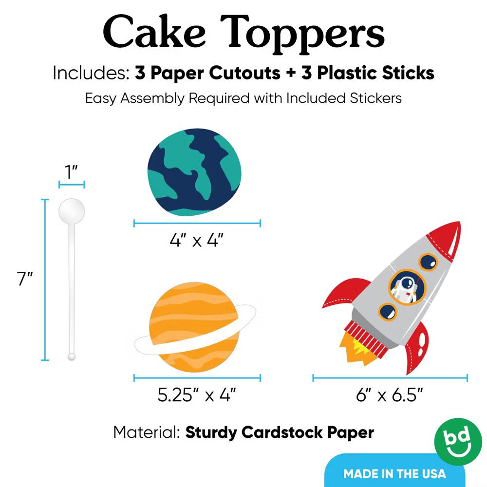 Blast Off to Outer Space Cake Topper Set, Rocket Ship Birthday Party Decorations with Planet and Space-Themed Designs – 3 Count - Image 3