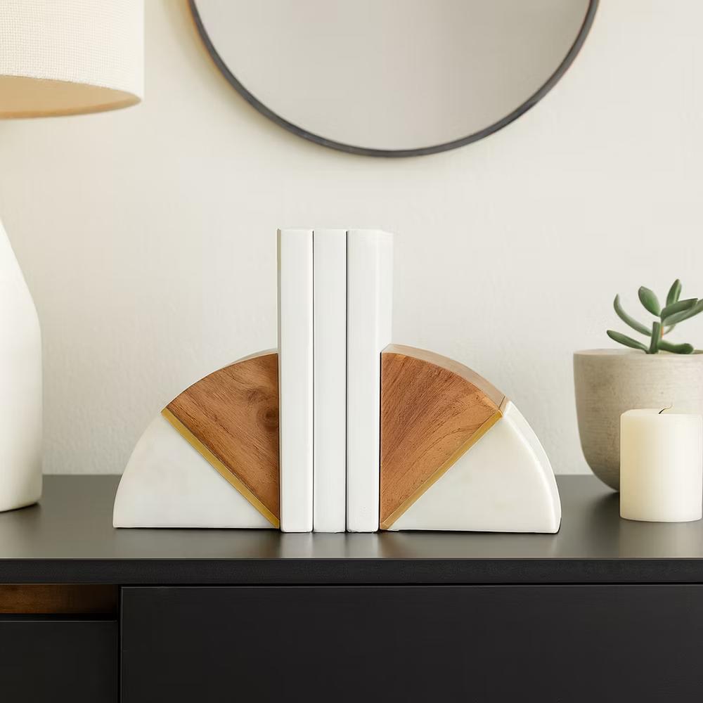 Stylish Curved Marble Book Ends with Wood Accent - Modern Bookend for Home Library, Desk, or Coffee Table Decor - Set of 2, 5", White & Brown - Image 4