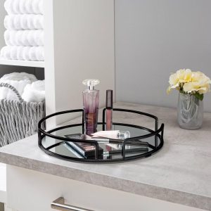 13"x13" Modern Round Vanity Mirror Tray Black: Steel Construction, Dresser Organizer, Bathroom Accessory