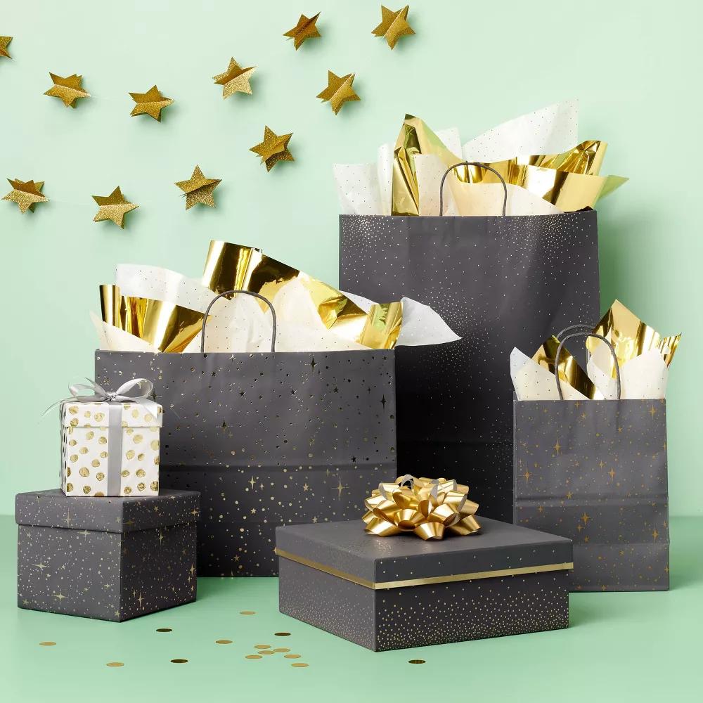 Medium Foil Star Pattern Gift Bag Gray/Gold - Black Polka Dot, Christmas & Graduation Gift Bag, 12"x16"x6"