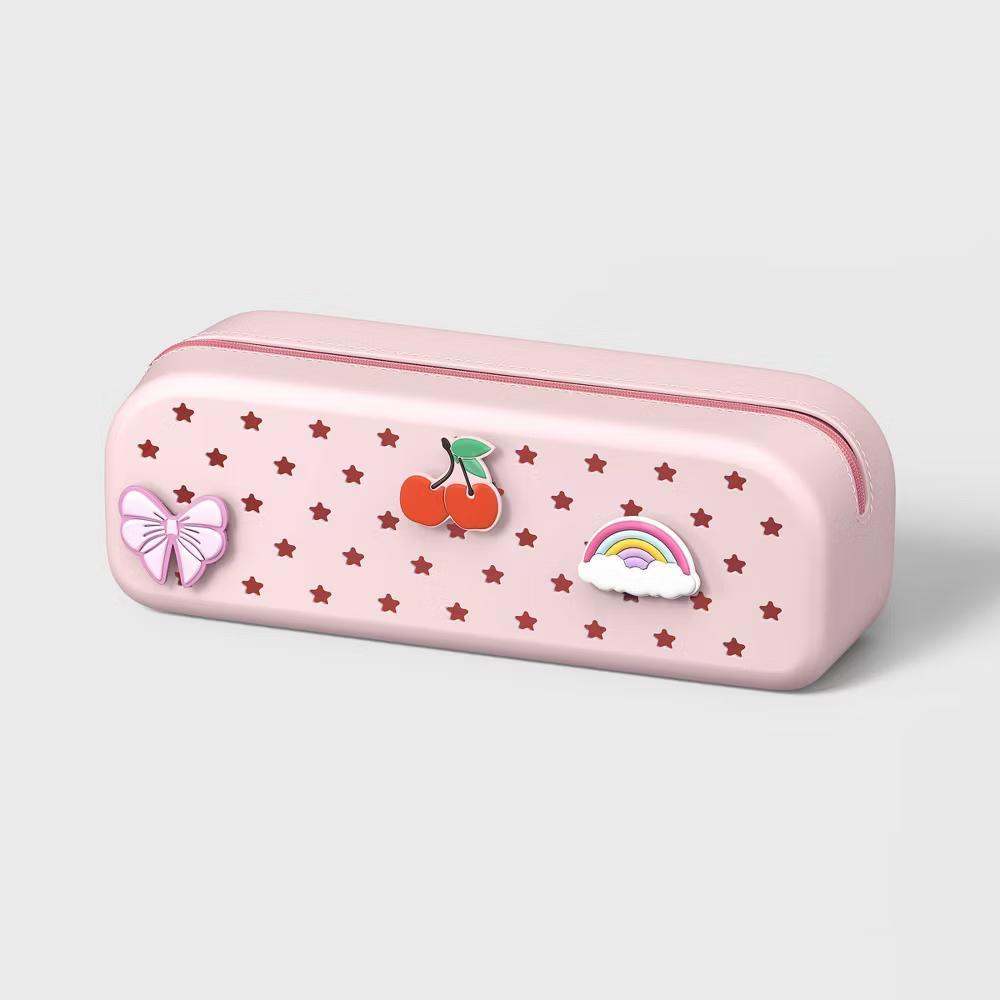 Single Zip Silicone Pencil Pouch Light Pink with Coquette Charms - Image 3