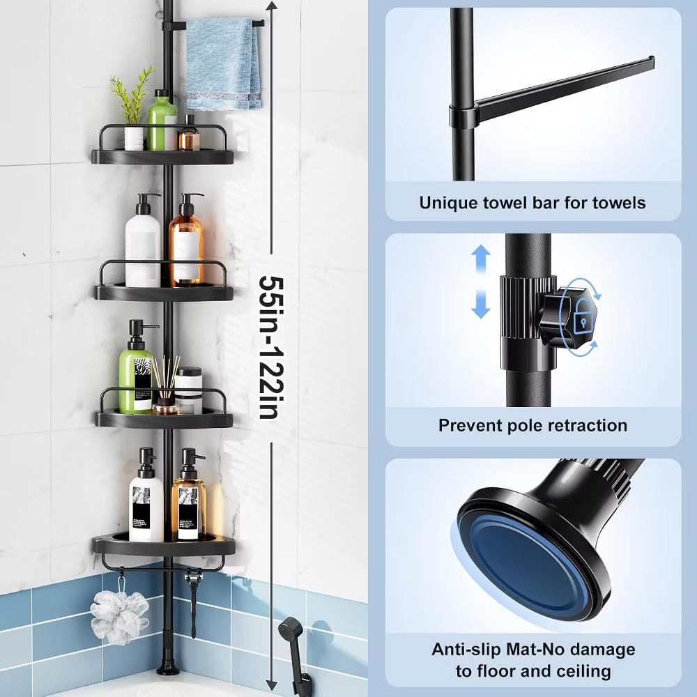 Corner Shower Caddy: Adjustable 55-122 Inch, 4-Tier ABS Basket, Stainless Steel Tension Pole, Space-Saving Bath Organizer. - Image 6