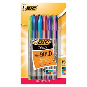 15pk Cristal Xtra Bold Ballpoint Pens 1.6mm Point Multicolor Ink: Back to School Supplies for Notes & Class