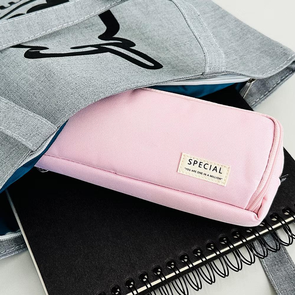 Large Capacity Pencil Case, 3 Compartment Pencil Pouch for Stationery Pens, Pink - Image 3