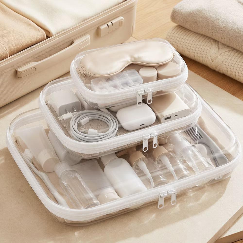 Transparent Hard Shell Zipper Case, Clear Travel Storage Organizer for Toiletries, Makeup, and Cosmetics (Set of 3)