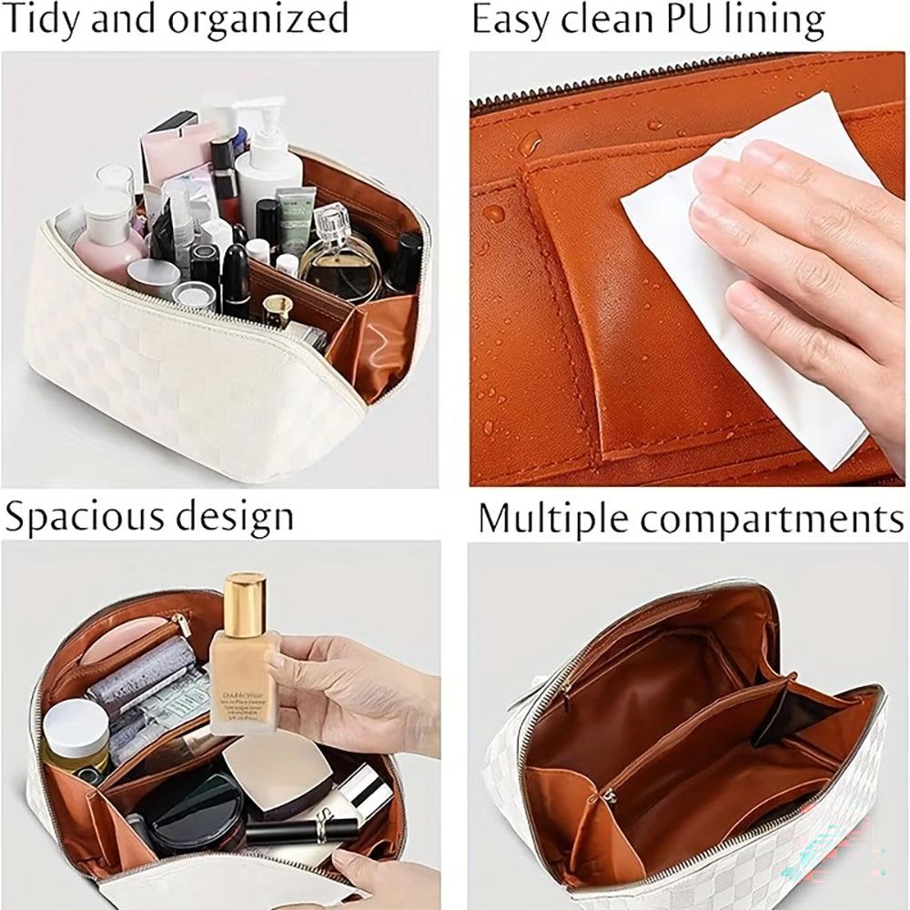 Checkered Makeup Bag, Large Capacity Cosmetic Bag with Handle, Portable Waterproof Travel Toiletry Organizer for Women - Image 11