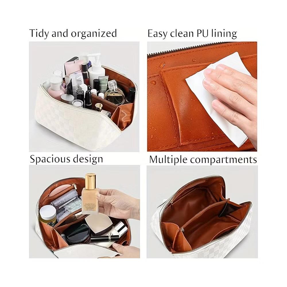 Checkered Makeup Bag, Large Capacity Cosmetic Bag with Handle, Portable Waterproof Travel Toiletry Organizer for Women - Image 18