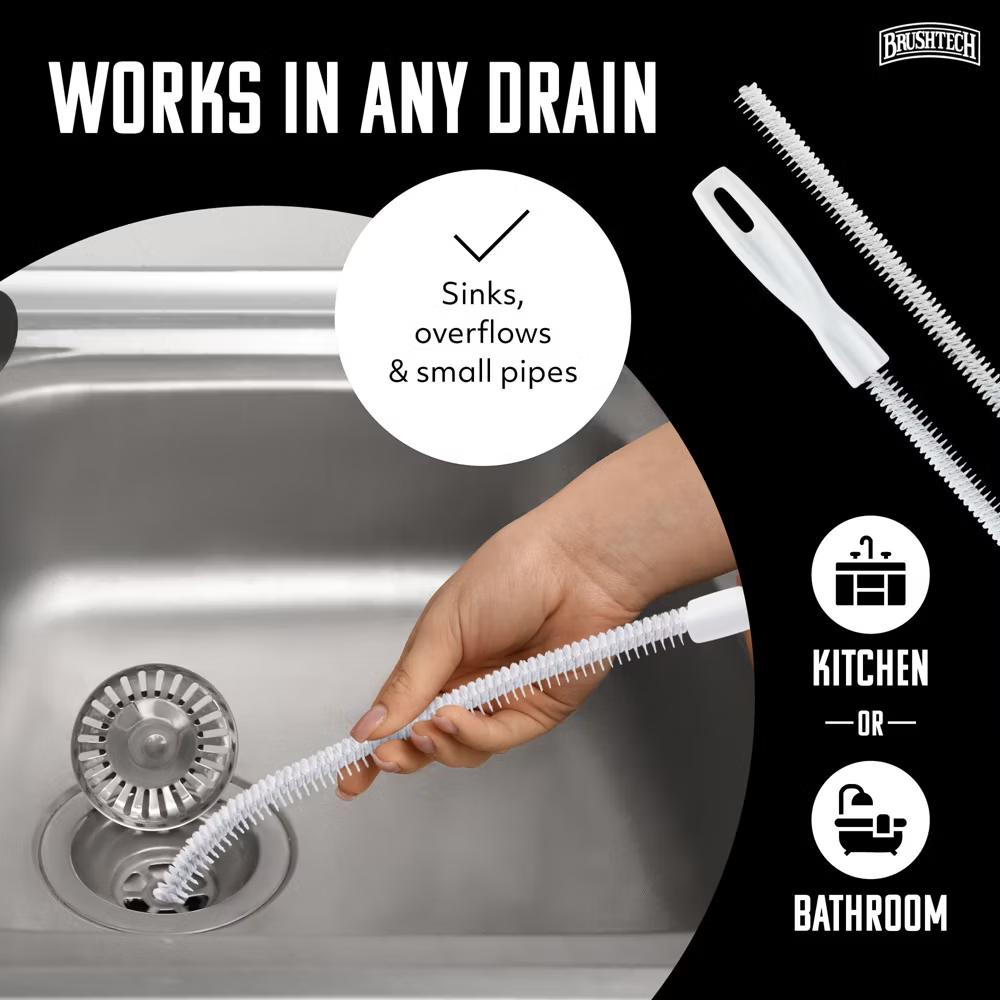 Brushtech Sink Drain & Overflow Cleaning Brush - Thin & Flexible Drain Cleaning Gadget for Clogs, Hair, & Debris - Cleaning Brush - Made in USA - Image 2