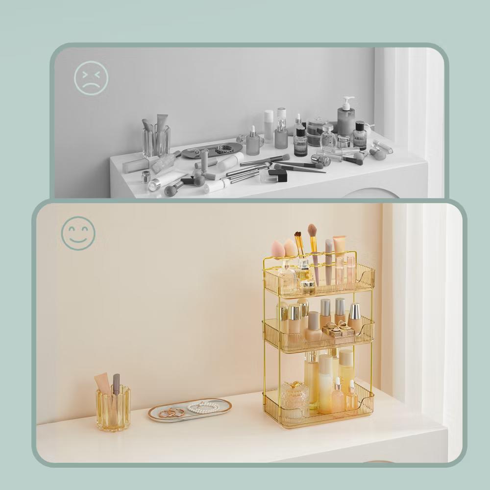 LEDREM Makeup Organizer, 3-Tier 360° Rotating Skincare Organizer Countertop for Vanity, 12 6.6 18.9 inches, Gold - Image 3