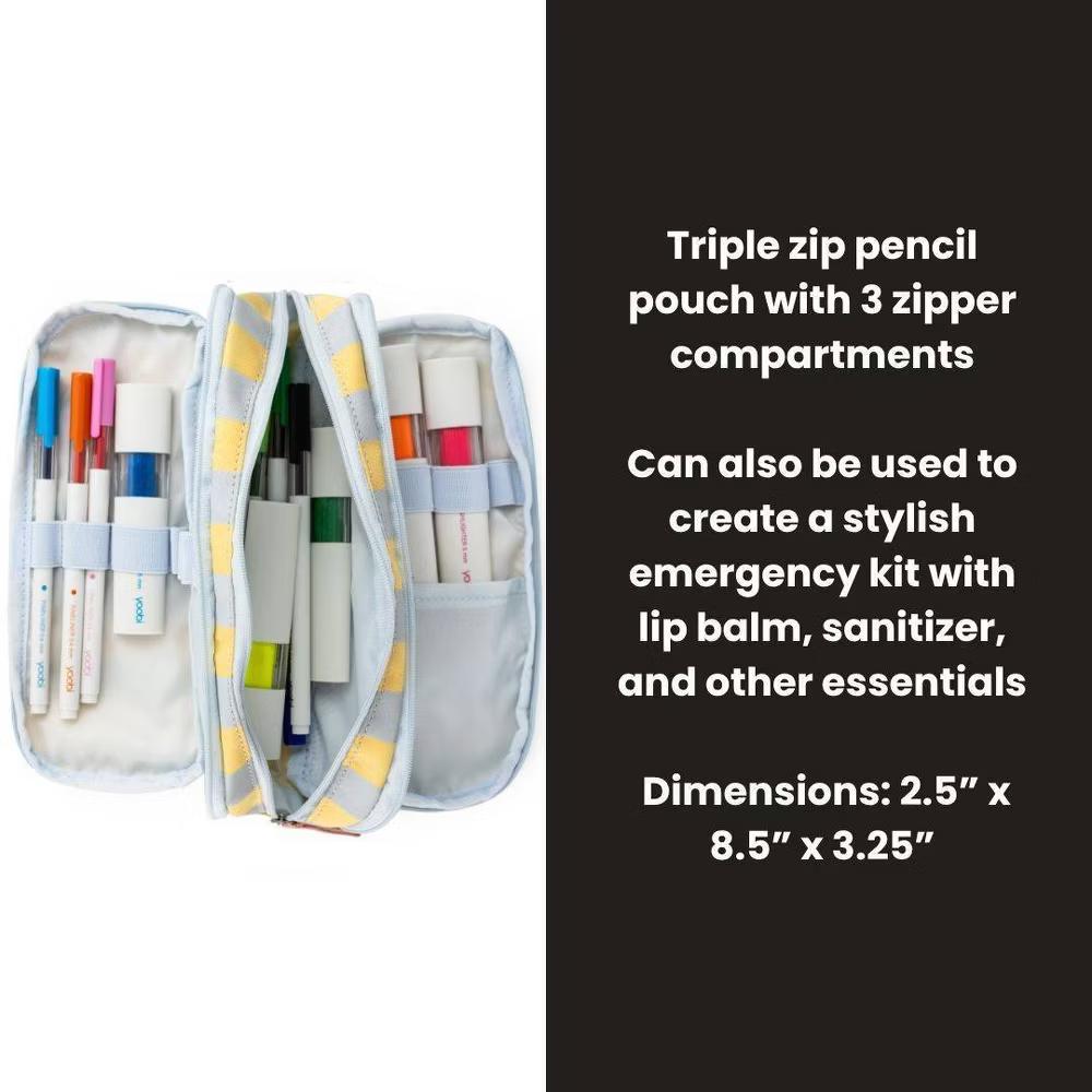 Triple Zip Pencil Pouch - Lavender/Yellow Stripe, School Supplies