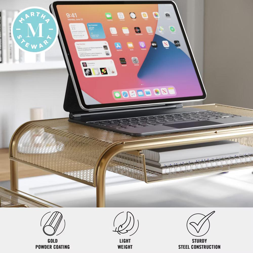 Martha Stewart Ryder Gold Mesh Metal Desktop Monitor Stand Riser with Organizer Drawer and Side Storage - Image 4