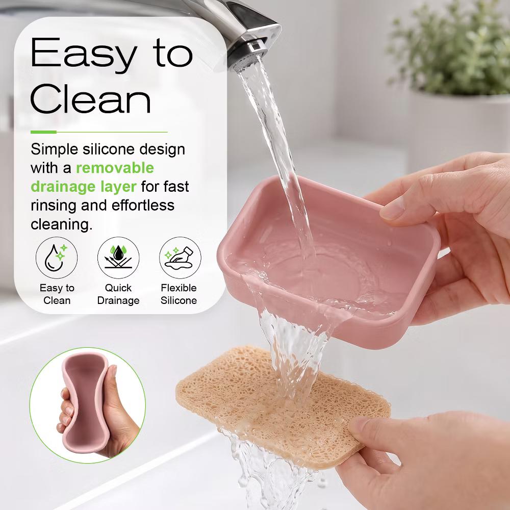 Garnen Bar Soap Holder Travel Case, Soap Dish with Lid, Silicone Travel Soap Case 4.7"x3.3" Self Draining Soap Bar Holder for Bathroom Shower, Pink - Image 3