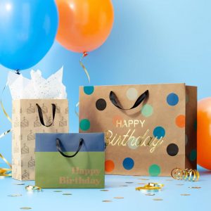"Happy Birthday" Dots on Kraft Medium Gift Bag - Multicolor Polka Dot, 10" 12.75" 5", Classic Pattern