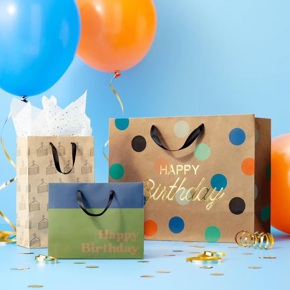 "Happy Birthday" Dots on Kraft Medium Gift Bag - Multicolor Polka Dot, 10" 12.75" 5", Classic Pattern