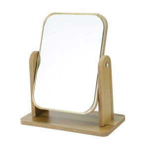 Natural Wooden Rotating Makeup Mirror Beige 1 Pc