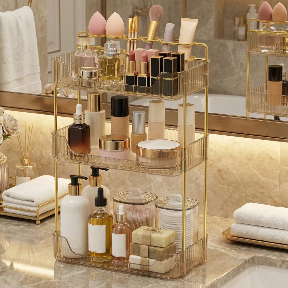LEDREM Makeup Organizer, 3-Tier 360° Rotating Skincare Organizer Countertop for Vanity, 12 6.6 18.9 inches, Gold