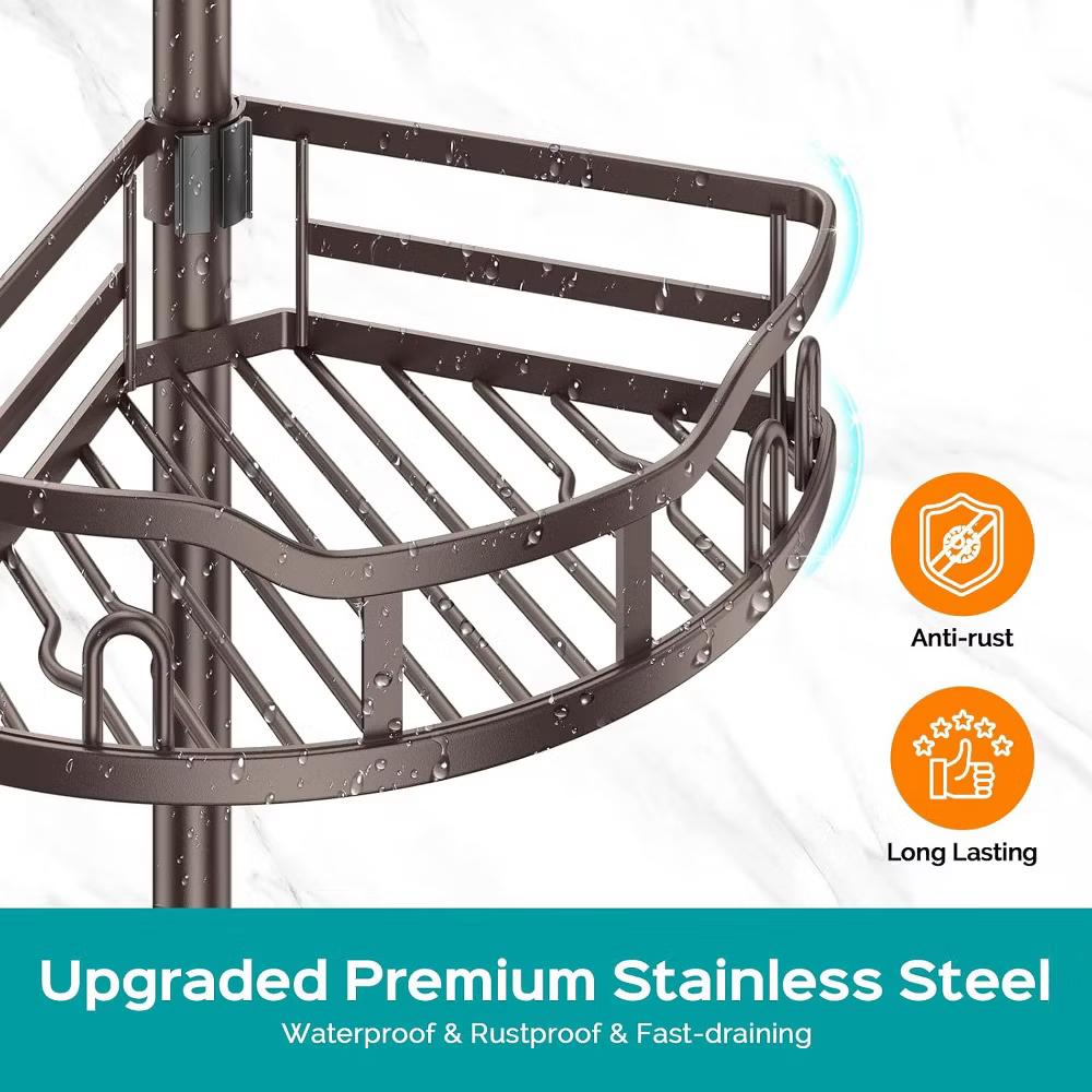 Corner Shower Caddy Tension Pole: Rustproof Stable 4-Tier Bathroom Organizer Shelves for Bathtub Shampoo Storage - Image 4