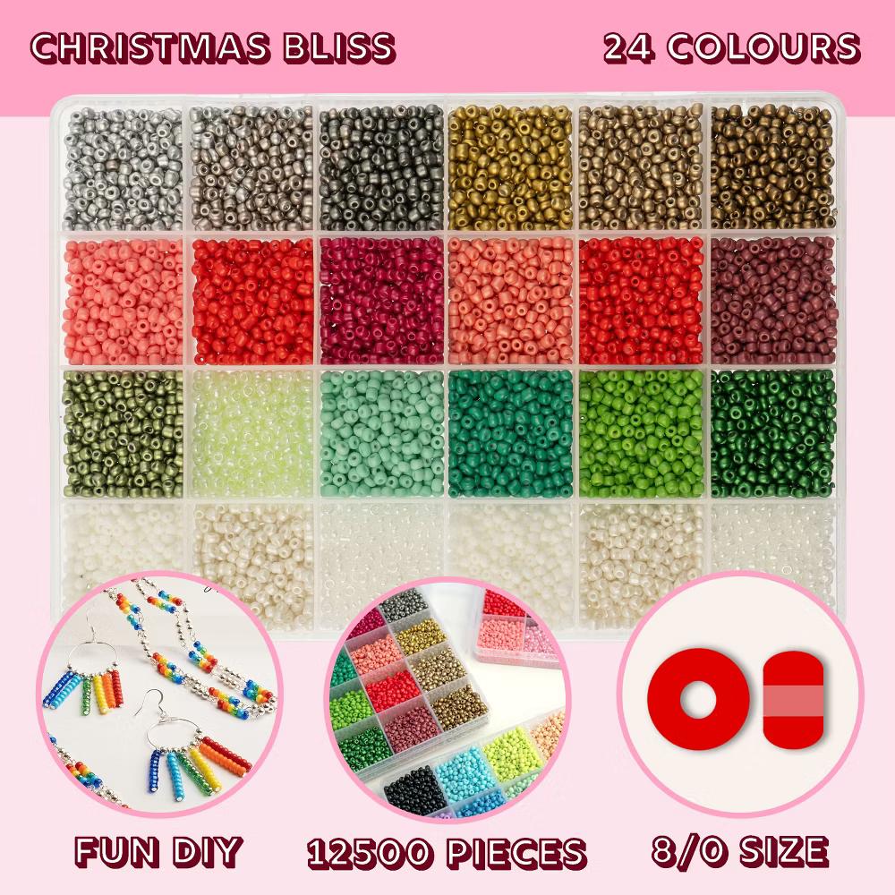 12500pcs Assorted Glass Seed Beads 8/0, 24 Colors Christmas Bliss Palette Round Bead for DIY Crafts Jewelry Making Bead Box - Image 9
