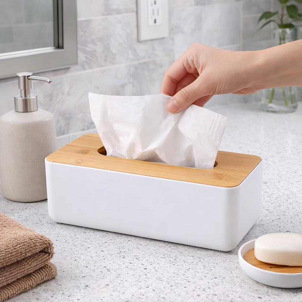 French Home Goods White Tissue Box Cover Padang with Bamboo Top - Elegant Design for Home and Office - Enhance Décor and Organization - Image 14