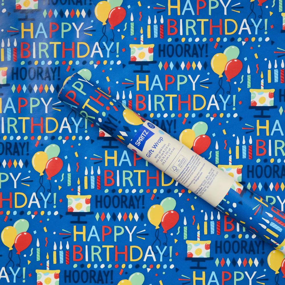 96"x30" 'Happy Birthday Hooray' Balloons and Cake Gift Wrapping Paper Blue - Image 2