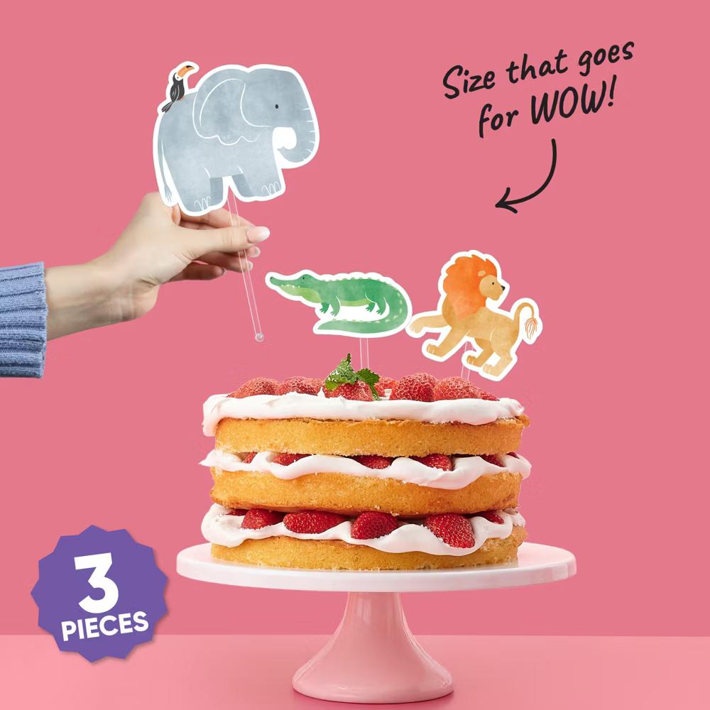 Safari Animals Cake Topper Set, Zoo Jungle Birthday Party Decorations with Lion, Elephant and Crocodile Designs – 3 Count - Image 3