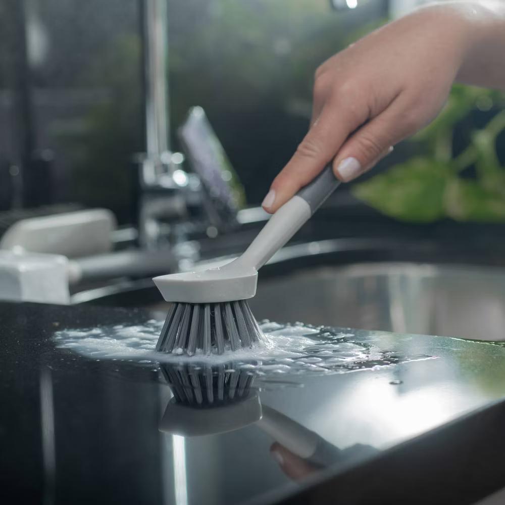 OU Cleaning Scrub Brush, Heavy Duty Cleaning Scrubber Brush for Bathroom & Kitchen, Nonslip Soft Silicone Grip Handle & Built-In Scraper - Image 4