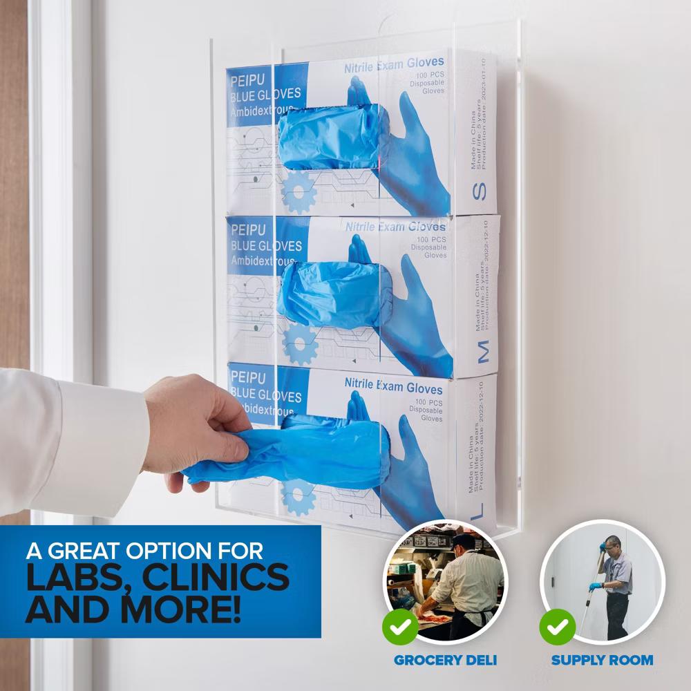 Stock Your Home Triple Acrylic Gloves Dispenser, Tissue Box Shelf, Glove Holder Wall Mount, For Kitchen, Cleaning Closet, Lab, Exam, Office - Image 3
