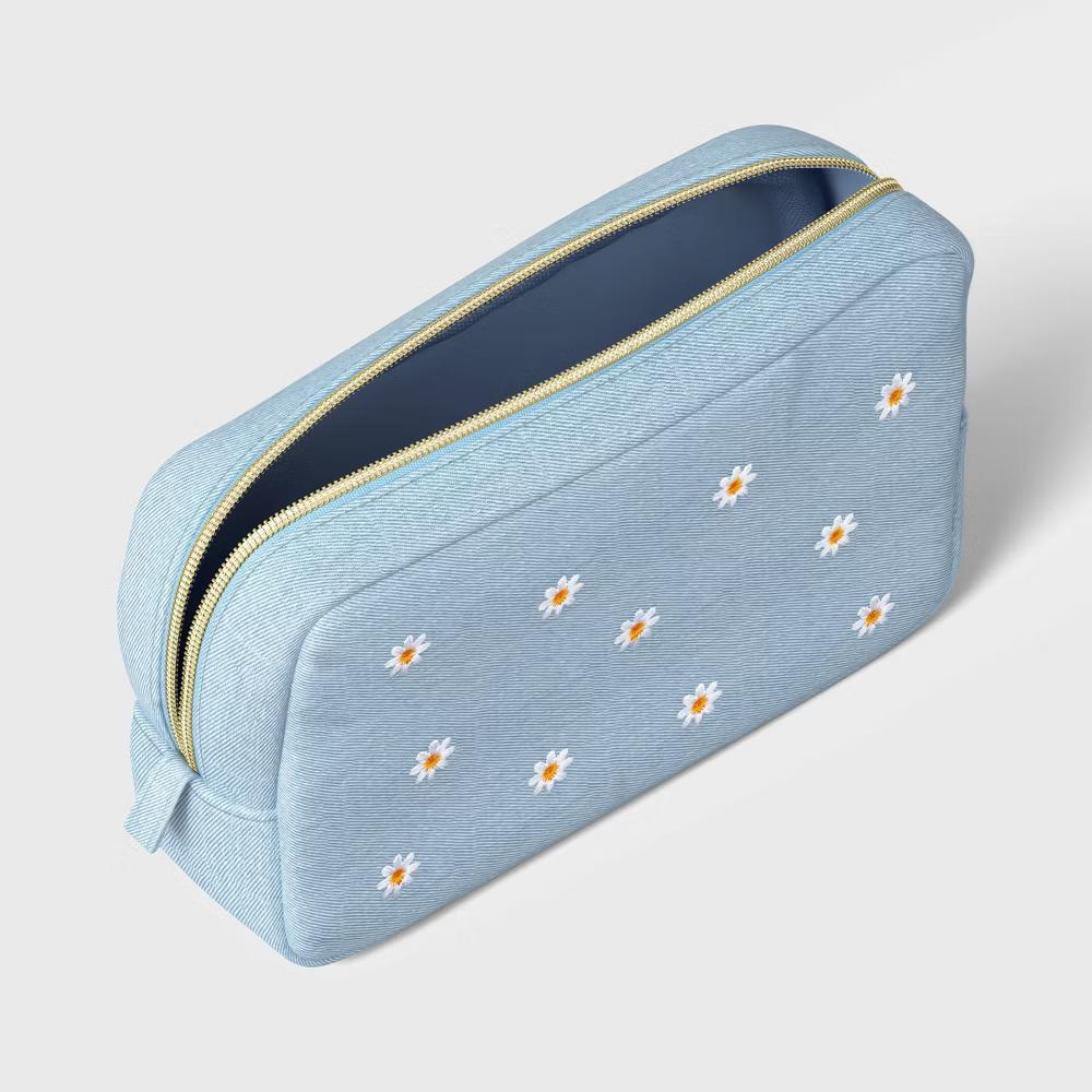 Embroidered Daisy Denim Single Zip Pencil Pouch