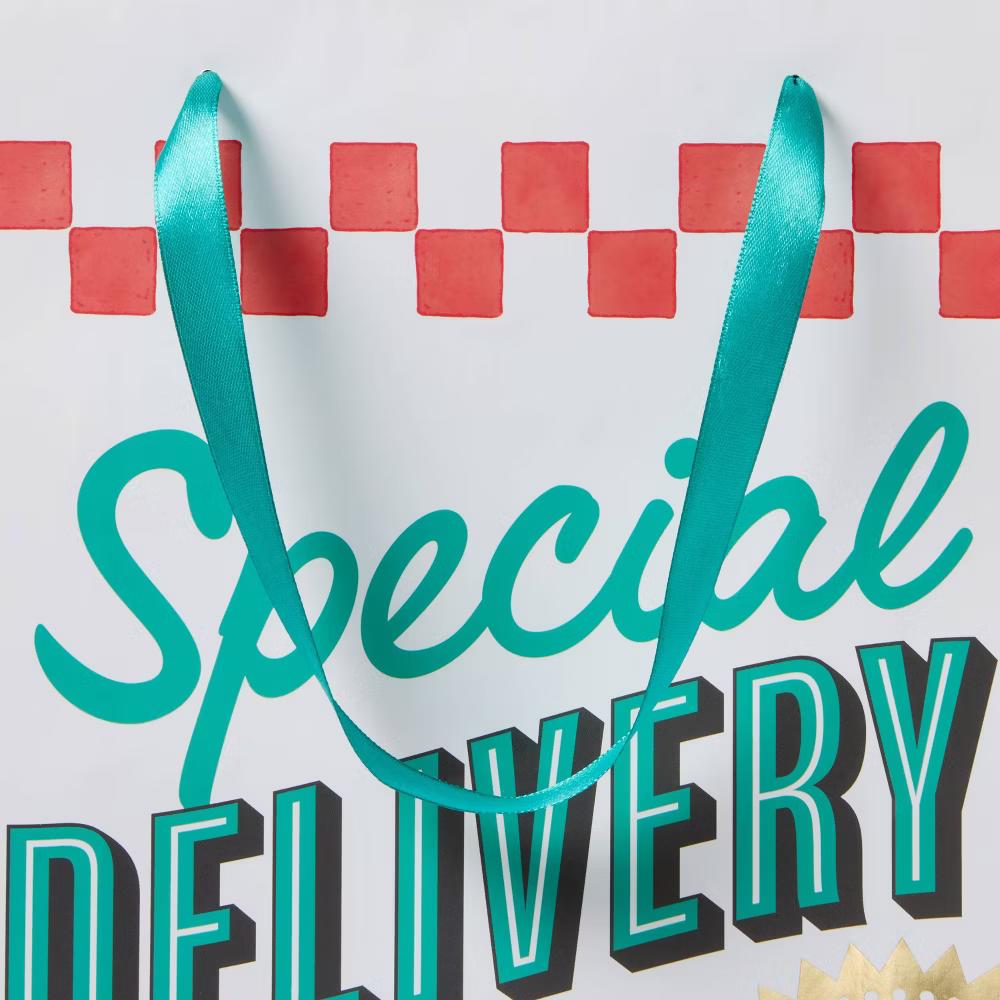 Large Square 'Special Delivery For You' Pizza Box Birthday Gift Bag White/Red/Green - Image 3