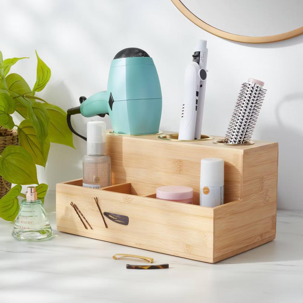12"X7"X6" Bamboo Hair Tools Organizer with 5pc Magnets - Bathroom Tray, Hair Dryer Holder, Organization - Image 3