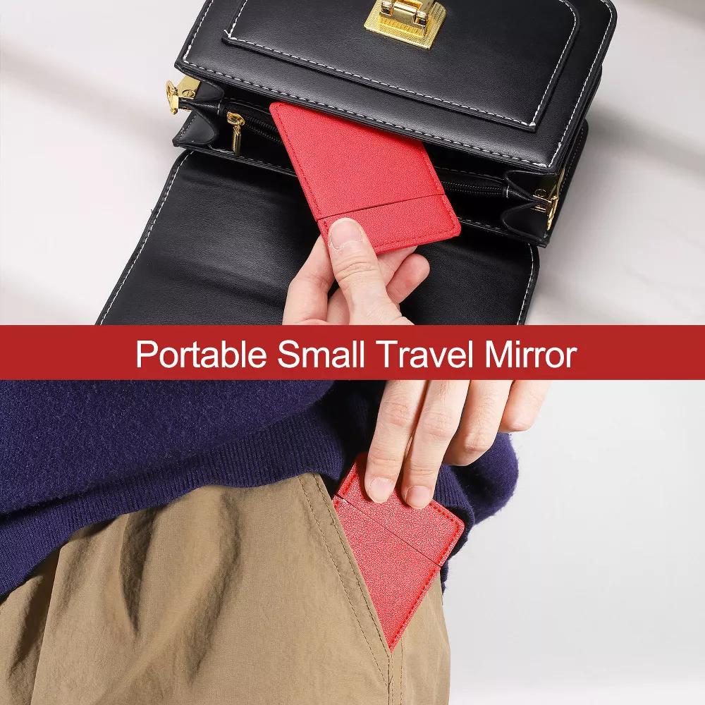 Stainless Steel Pocket Travel PU Leather Mini Mirror - Image 2