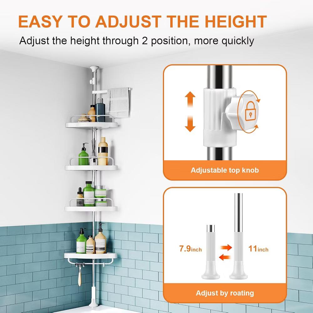 Adjustable Tension Pole Shower Shelf, 4-Tier Corner Caddy with ABS Baskets, No Drill Bathroom Storage - Image 5