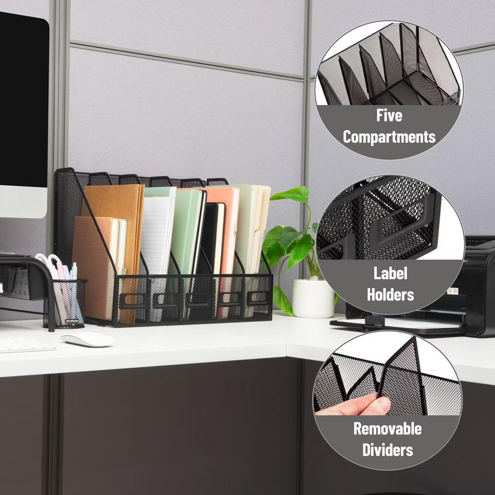 5 Compartment Metal File Organizers Black - Image 3
