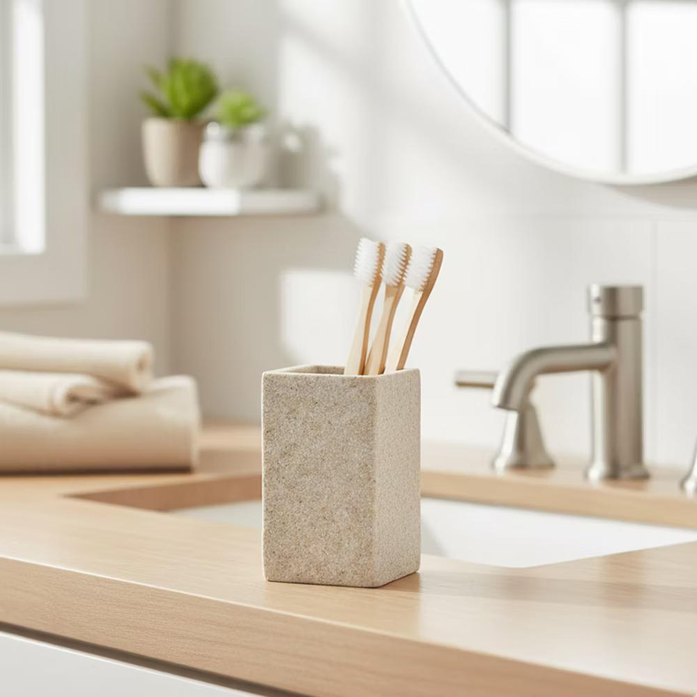 French Home Goods Modern Square Resin Stone Effect Bathroom Tumbler – Versatile Toothbrush Holder, Makeup Brush Cup and Countertop Organizer - Image 23