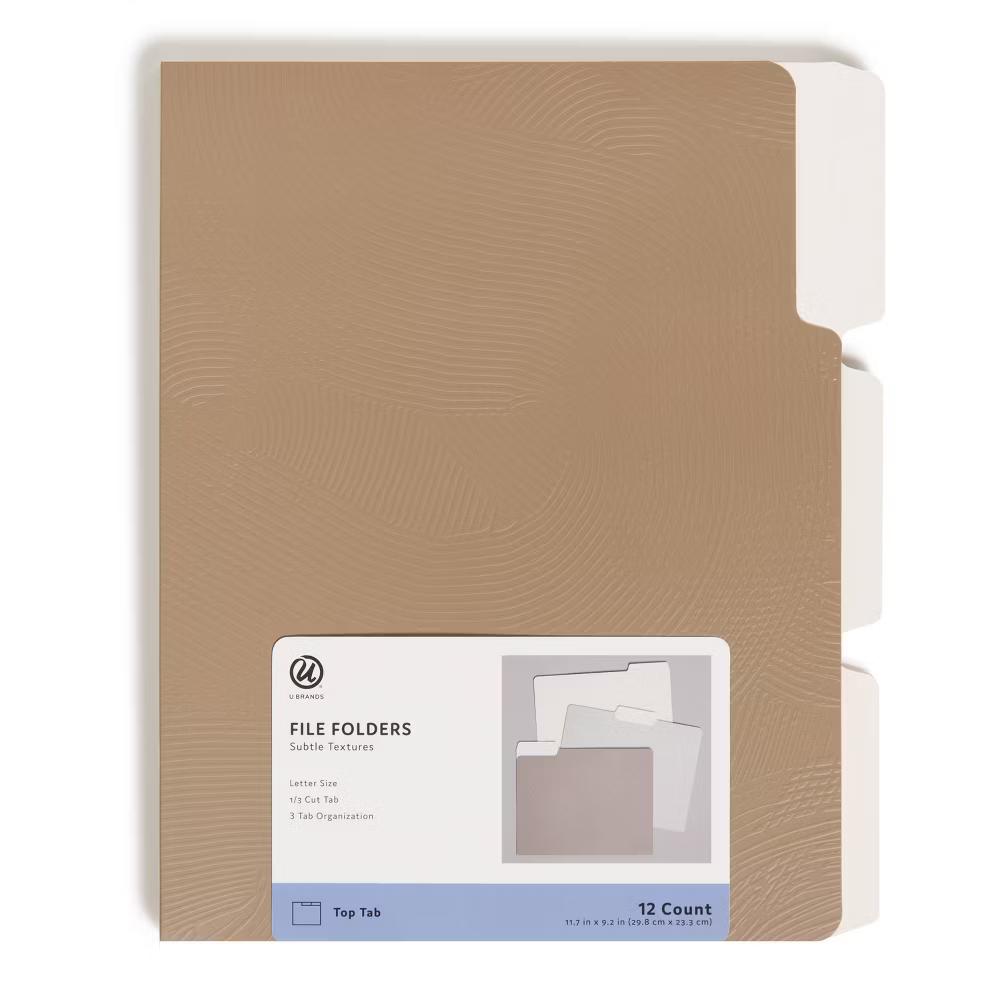 12ct File Folders Subtle Textures: Office Supplies, Non-Pronged, Paper, 30 Sheet Capacity, Multicolored