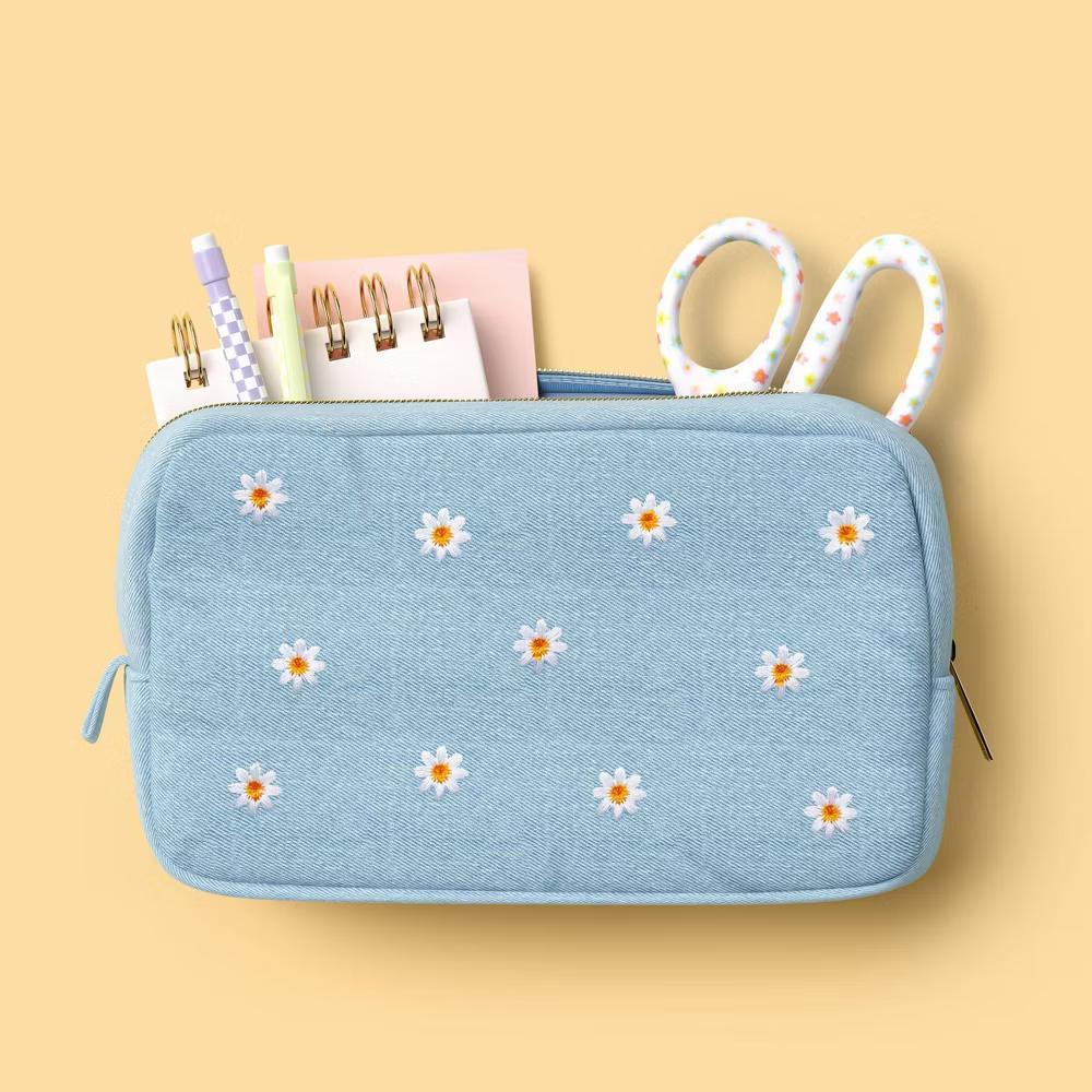 Embroidered Daisy Denim Single Zip Pencil Pouch - Image 2