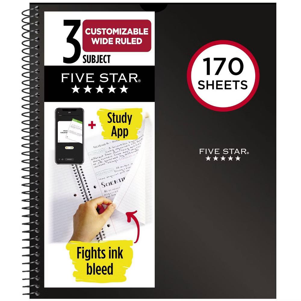Five Star 170 Sheets 3 Subject Wide Ruled Customizable Notebook Feature Rich Black: Spiral, 8x10.5", Perforated, SFI Certified - Image 2