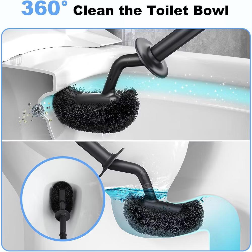 Toilet Bowl Brush Holder Set: Curved Design with Holder for Deep Cleaning Under Rim - Compact Hidden Scrubber for Small Space