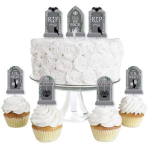 Creepy Cemetery - Dessert Cupcake Toppers - Spooky Halloween Tombstone Party Clear Treat Picks - Set of 24