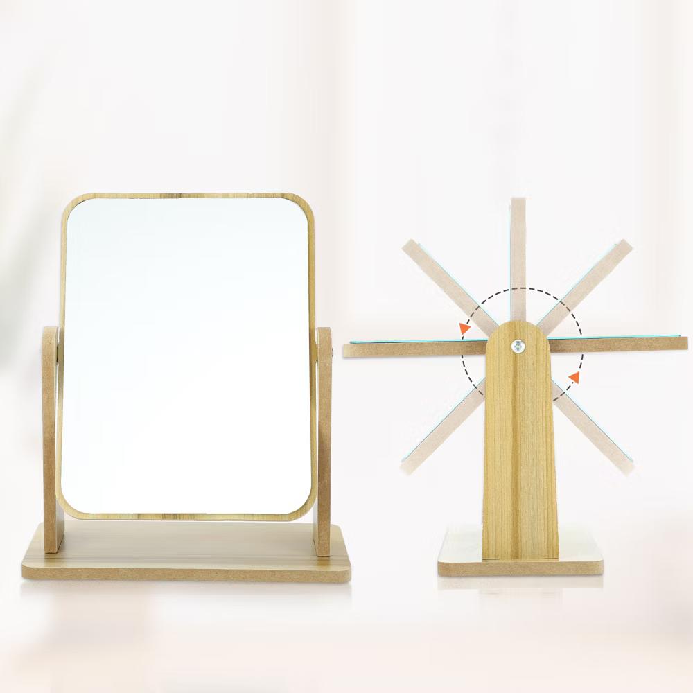 Natural Wooden Rotating Makeup Mirror Beige 1 Pc - Image 4
