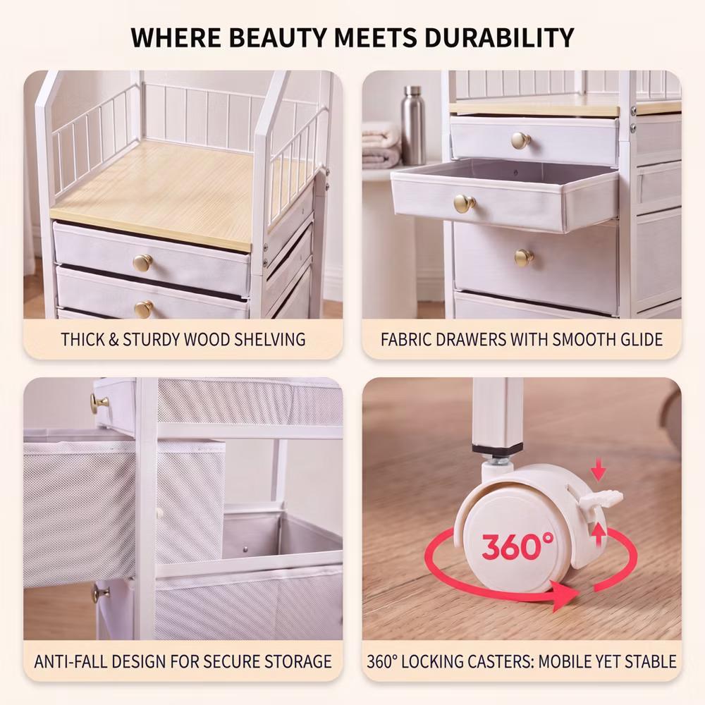 Rolling Makeup Vanity Cart and Jewelry Organizer with Drawers and Hooks - Multifunctional Cosmetics Storage Tower - Image 4