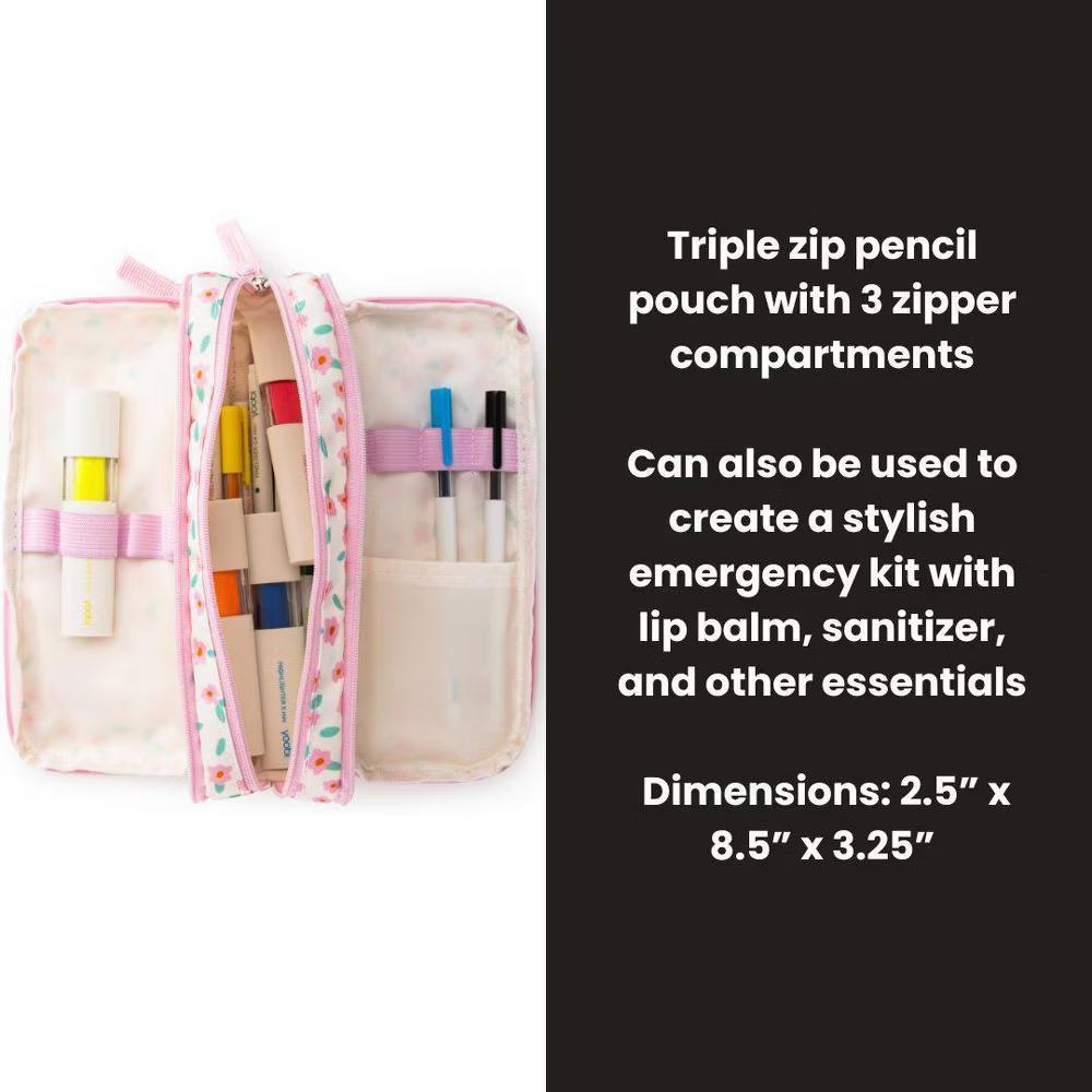 Triple Zip Pencil Pouch - Pink Wildflower, School Supplies - Image 5