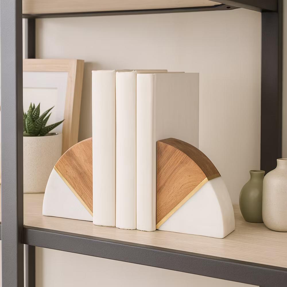 Stylish Curved Marble Book Ends with Wood Accent - Modern Bookend for Home Library, Desk, or Coffee Table Decor - Set of 2, 5", White & Brown - Image 7